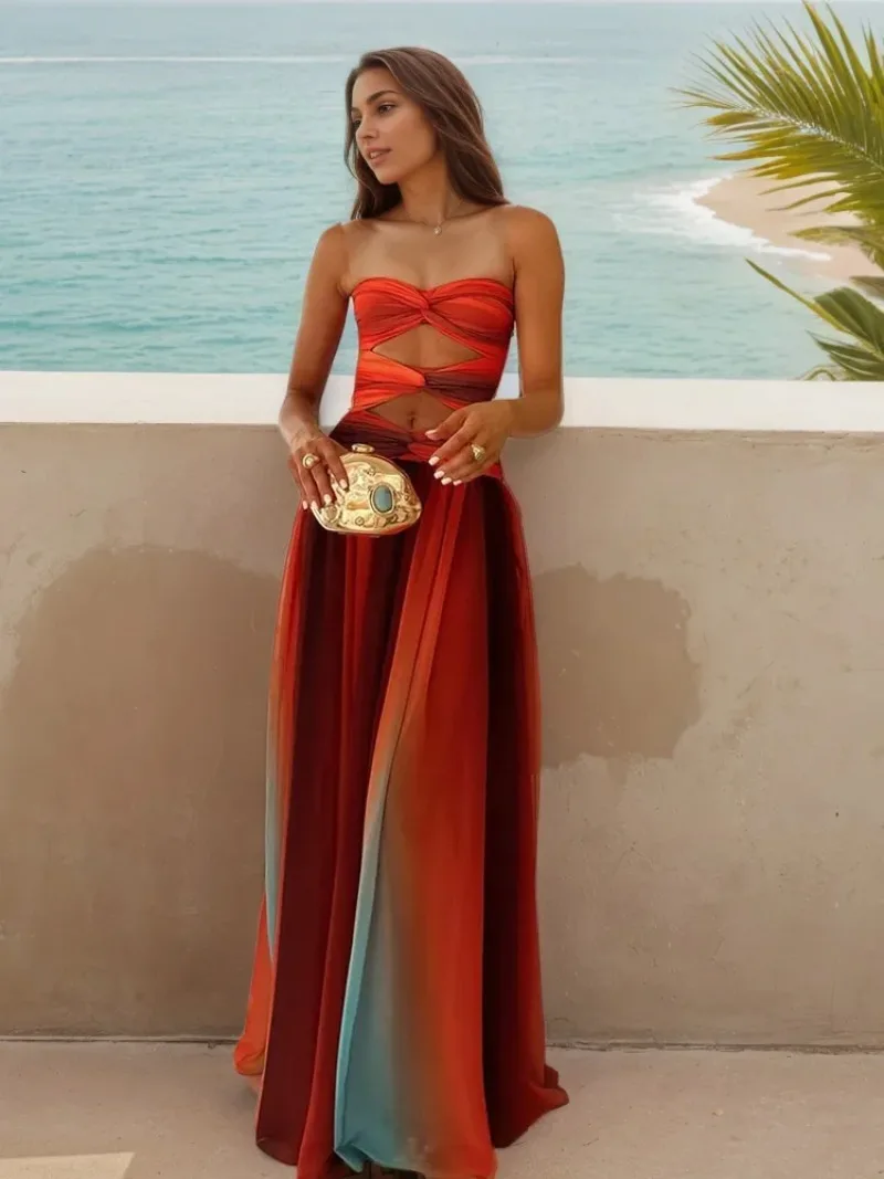 Vestido de fiesta en la playa con estampado Tie-dye, Vestido plisado de cintura alta con estampado de colisión de Color para mujer, Sexy, con recortes en el pecho, sin tirantes y espalda descubierta