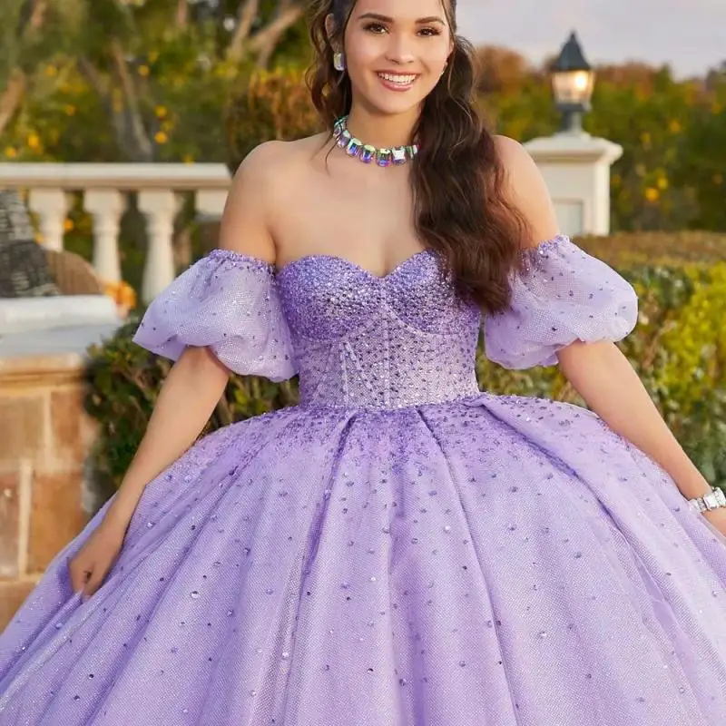 

Purple Glittering Quinceanera Dress Customized Sleeve Beading Tulle Vestidos De 15 Años Sweet 16 Dress Formal Birthday Party