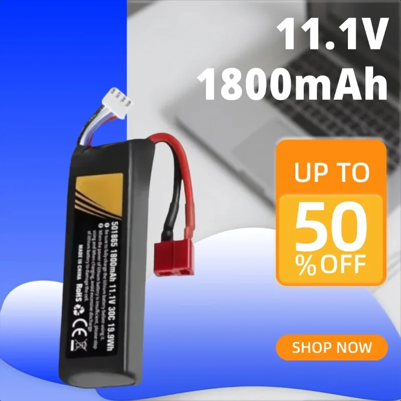 

11.1V 1800mAh Li-Po Battery for RC Rock Crawler Off-Road Truck Aircraft 4WD Car - High Discharge 30C Rechargeable with T-Plug