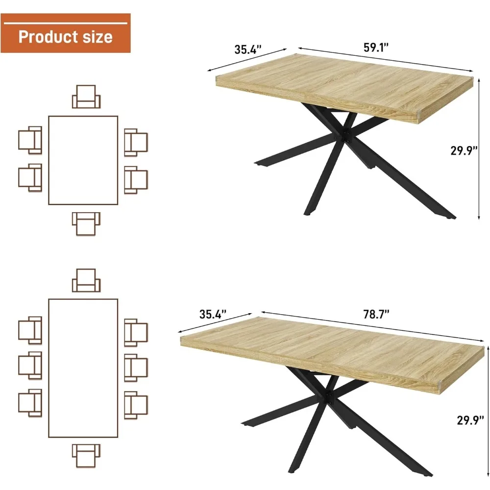 طاولة طعام خشبية مستطيلة قابلة للتمديد تتسع من 6 إلى 8 أشخاص مع أوراق قابلة للإزالة لتصميم موفر للمساحة