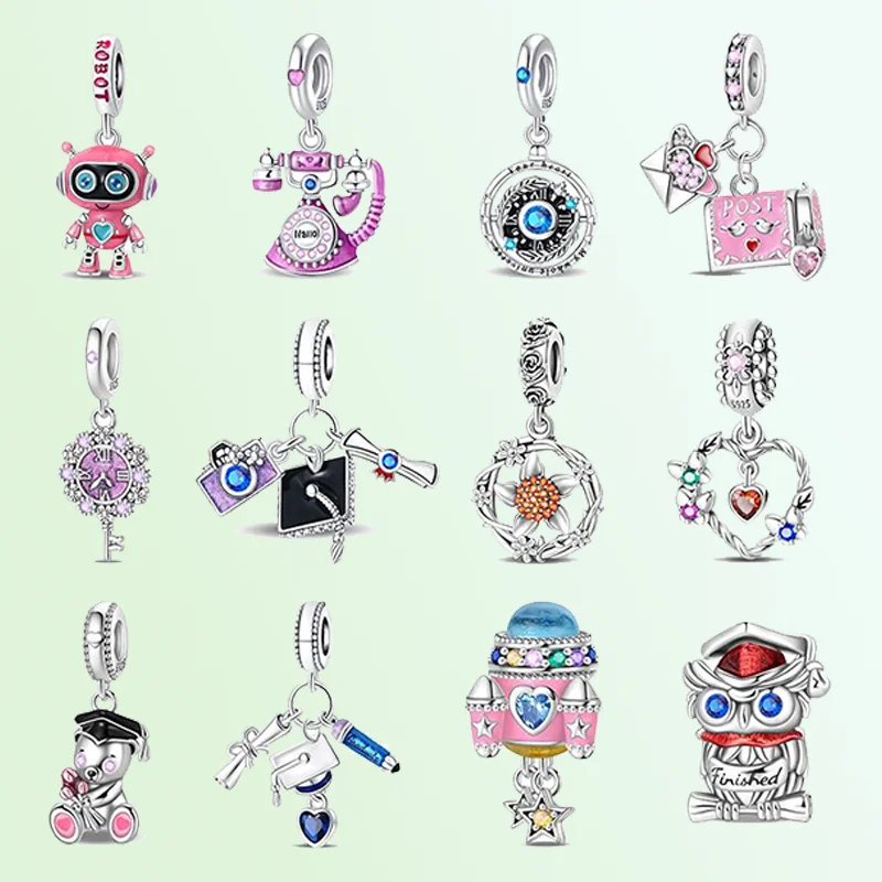 New 925 Sterling Silver Fashion Phone Rocket Graduation Cap Bear Heart Charms Beads For 3mm Bracelet DIY Fine Jewelry Gift