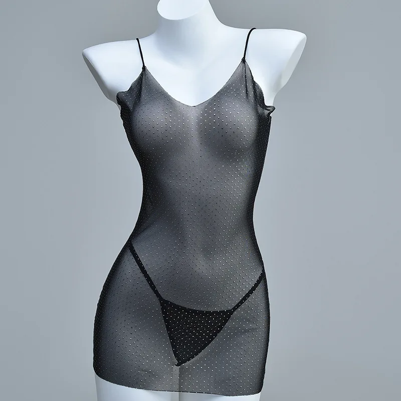 

Sexy Deep V Lingerie Dress - Sheer Mesh Bodycon Mini with Spaghetti Straps & Crystal Rhinestones