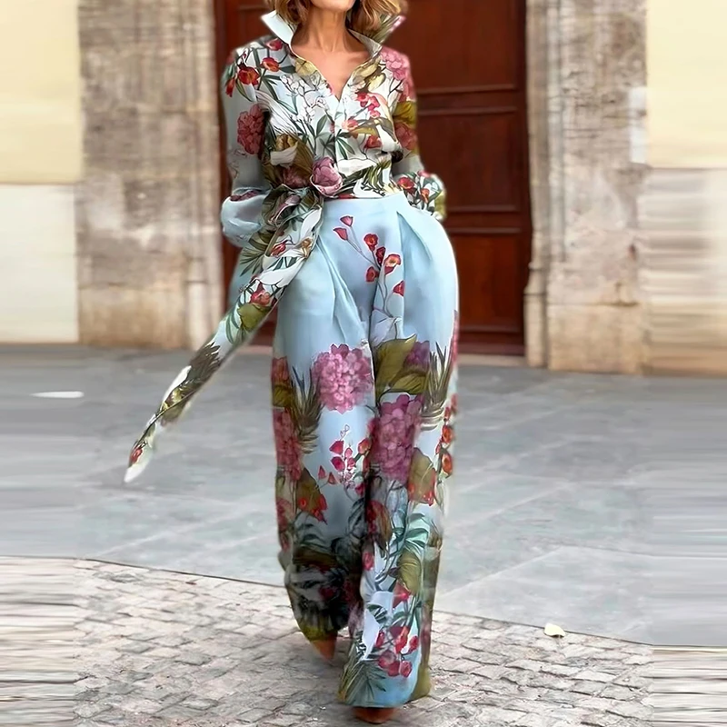 Fashion Temperament Party Outfits Retro Floral Print Two Piece Suit Women\'s Lapel Single Breasted Shirt Top with Long Skirt Suit