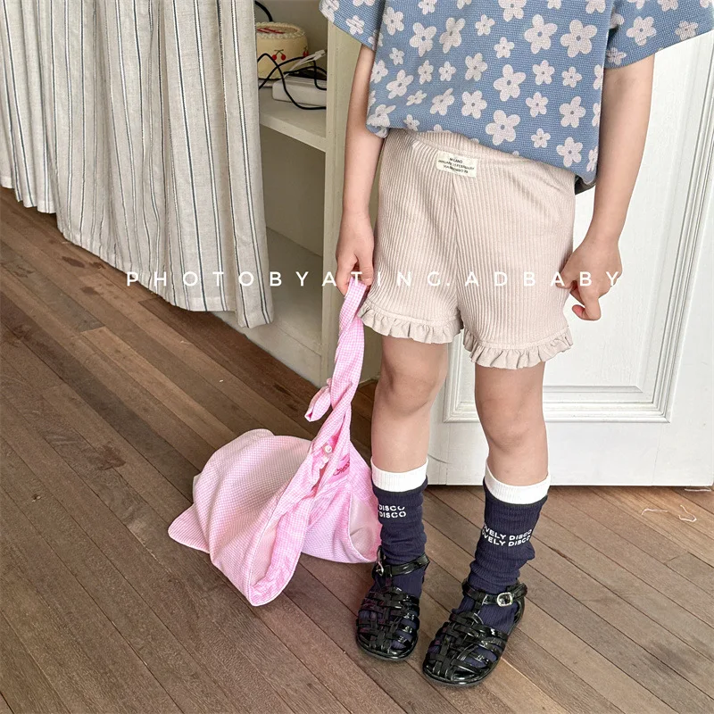 2024 Summer New Girls Solid Shorts Children Loose Lace Shorts Toddler Ribbed Leggings Kids Casual Pants Baby Cotton Clothes