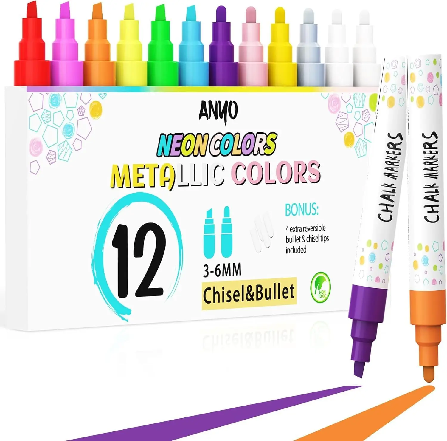 

12 Pack Wet Erase Chalk Markers, 6mm 2-in-1 Nib, Neon & Metallic Colors for Glass & Blackboard