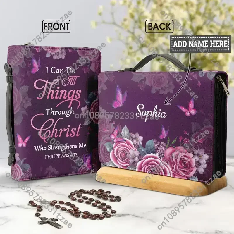 

Women's Handbag Leather Zipper Handle Bible Carrying Case I Can Do All Things Through Christ Floral Butterflies Holy Bible Bags