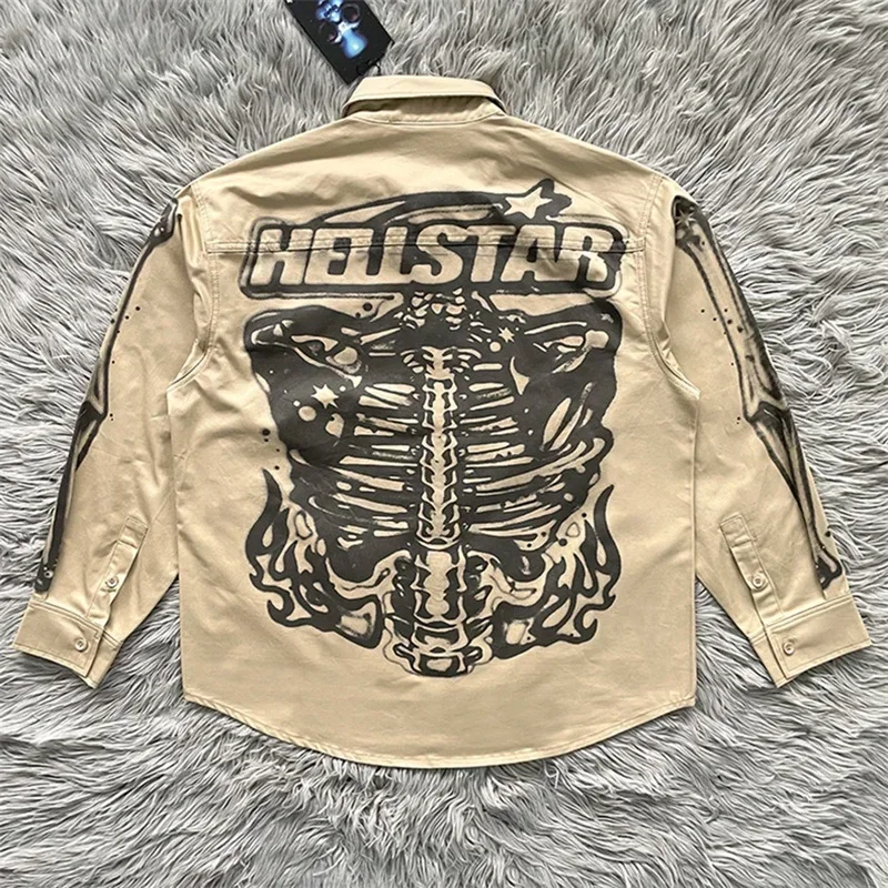 

24ss Oversized Hell Star Airbrushed Bones Shirts For Men Women 1:1 Best Quality Skull Print Long Sleeve Jackets