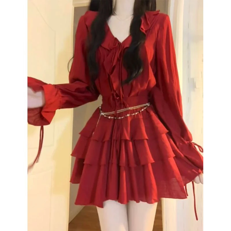 Vintage V-neck Ruffles Long Sleeve Slim Fit Shirts Women+ Y2k High Waist Ruched A-line Skirts 2024 Spring New Two Piece Sets