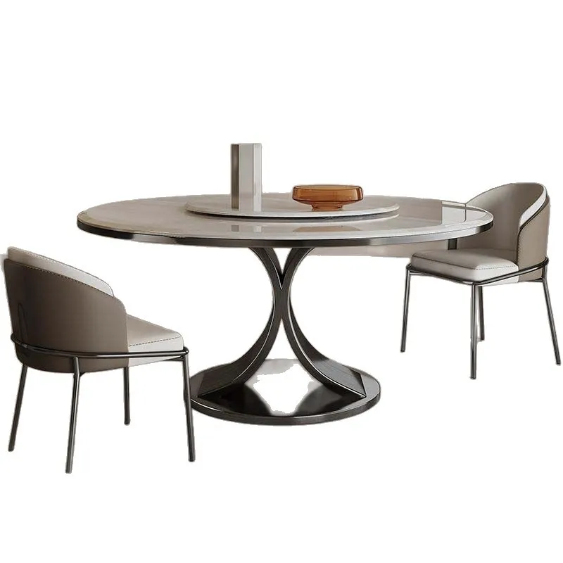 

Natural rock slab spar dining table turntable small apartment round marble dining table and chairs microcrystalline stone