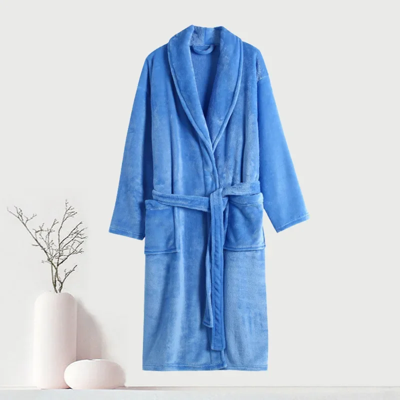

Casual Flannel Long Bathrobe Two-piece Set Couple's Bathing and Sleepwear Home Use Solid Color Robe at Wholesale
