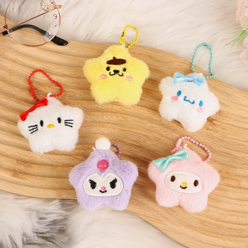 Plush Star Sanrio Pendant Cartoon Hello Kitty Kuromi Melody Soft Stuffed Doll Keychain Car Key Ring Backpack Bag Decor Gift