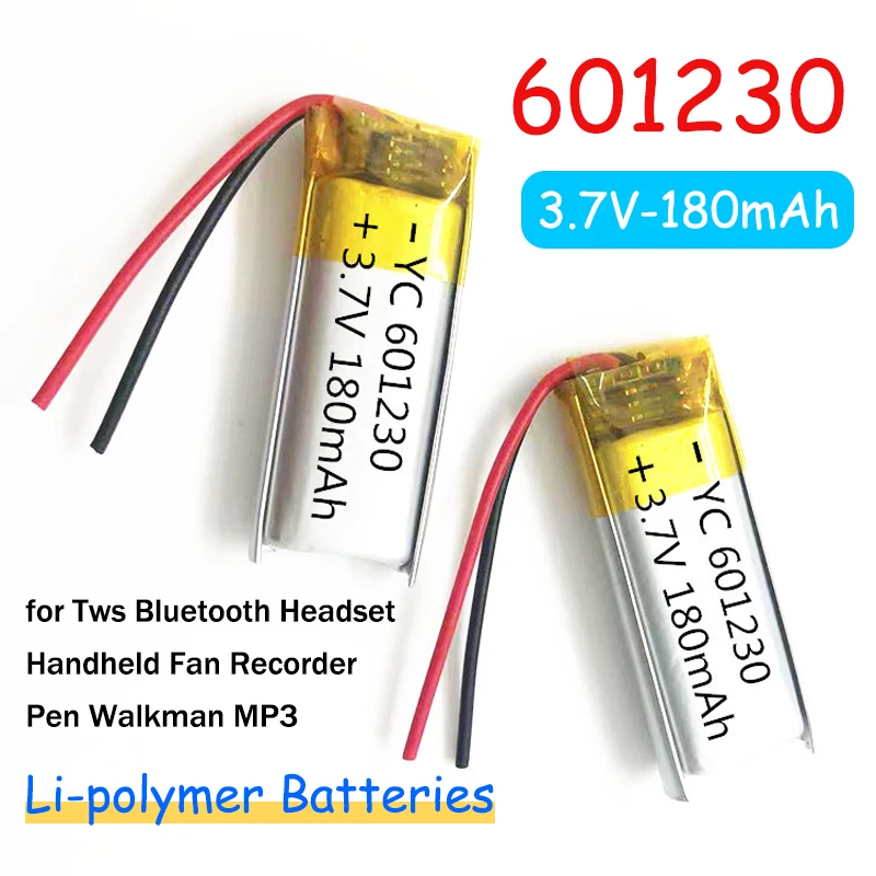 601230 Polymer 3.7V Lithium Battery 180mAh Li-polymer Batteries for Tws Bluetooth Headset Handheld Fan Recorder Pen Walkman MP3