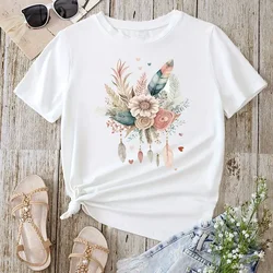 Flower Feather Print T-shirt Casual T-shirt Summer Women Clothing 2024 Fashion Shirt Butterfly Print Crew Neck Short Sleeve Tee