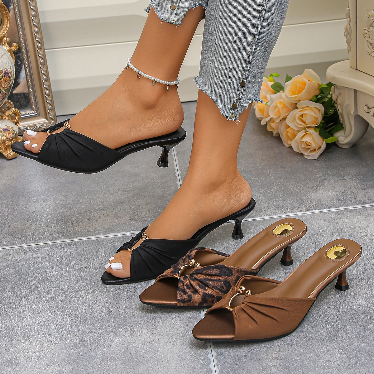 Summer Woman Slippers Fashion Open Toe Thin High Heels Shoes Street Style Stripper Party Slides Zapatos De Mujer