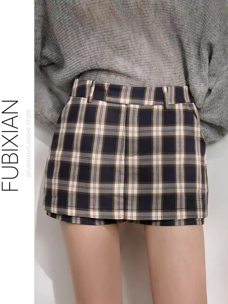 

Grey Plaid Skirt Women's Versatile Casual A-Line Skirt Pants Retro Style mid Waist Cotton Blend Bodycon Spring Summer