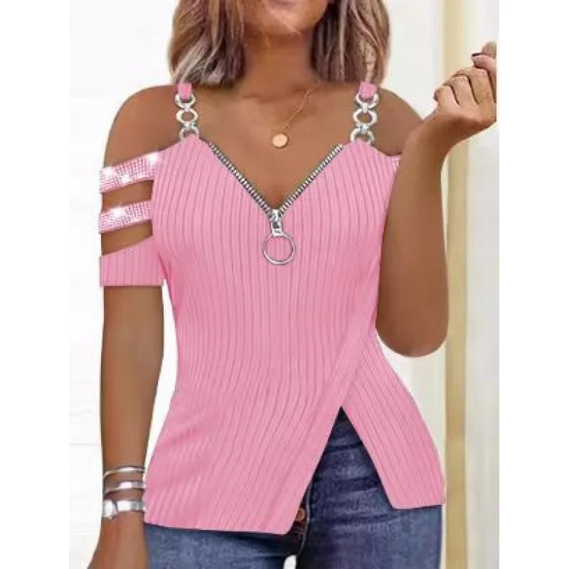 2023Europe and America Cross Border Hot DrillingVCOLLAR off-the-Shoulder Metal Strap Zipper Raglan Sleeve VestTT-shirt Sunken St