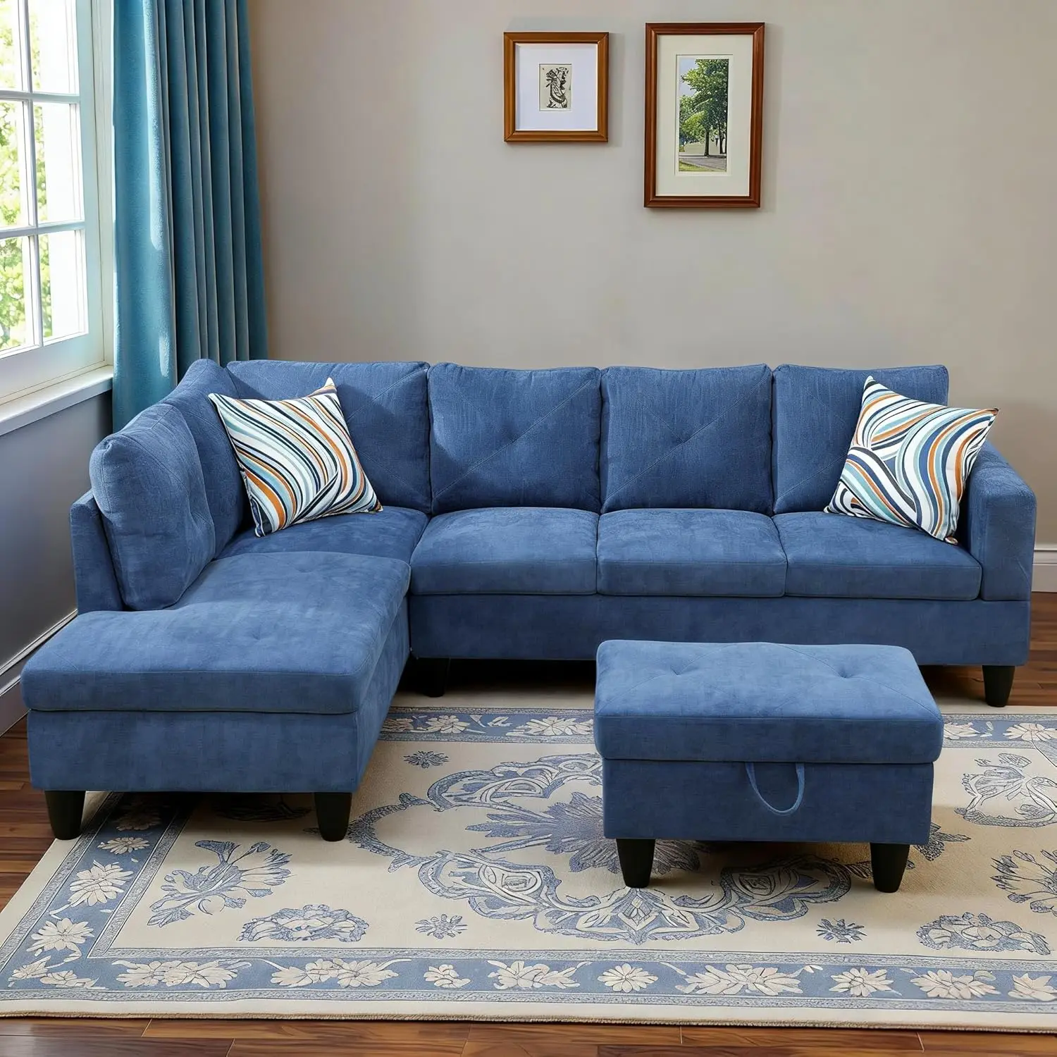

L-Shaped Sectional Sofa with Movable Chaise & Storage Ottoman, Modular Convertible Couch for Living Room, Blue