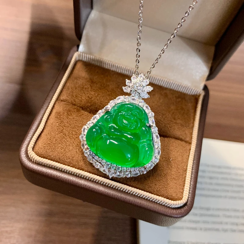 Green Buddha Duke Pendant, A Touch of Emerald Color, A Buddha Safe and Green, Gentle and Smart, Silver Inlaid Design Necklace