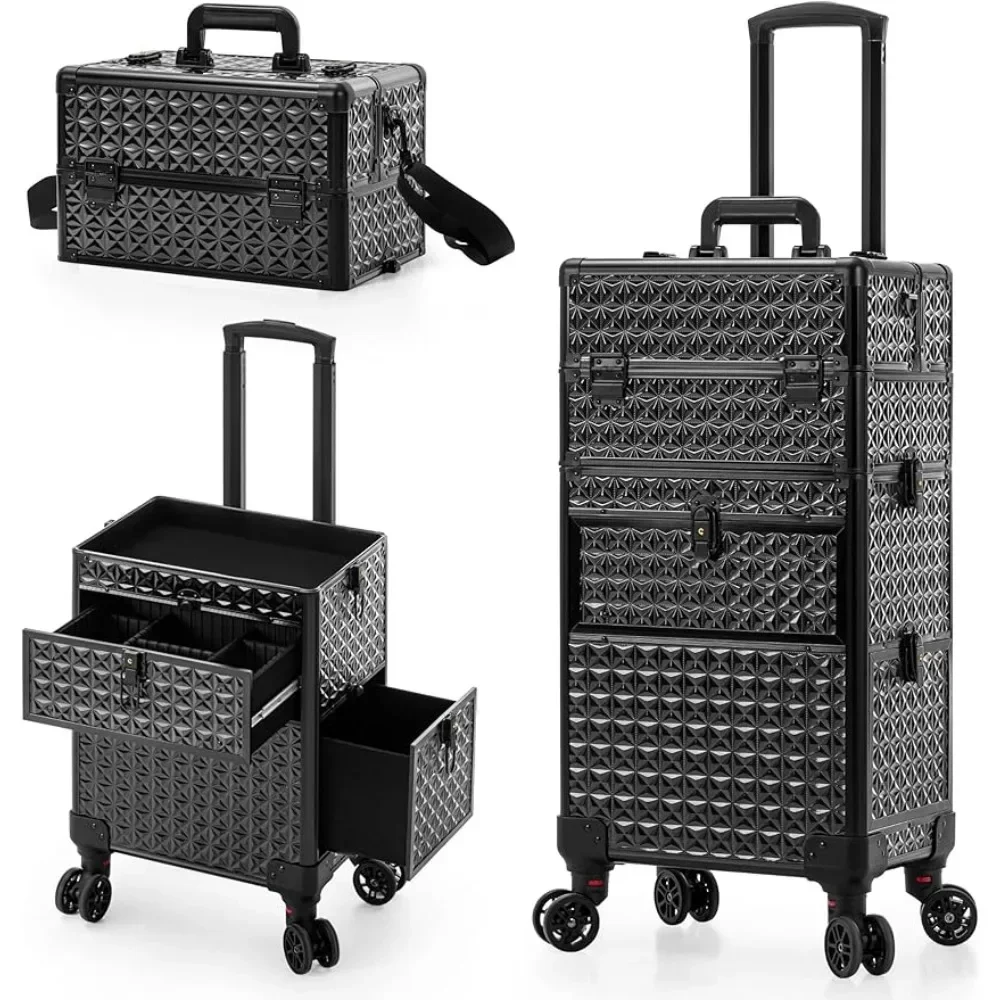 

%a Rolling Makeup Train Case on 2 Large Drawer, Multi-functional Cosmetic Trolley with 360° Swivel Wheels Keys
