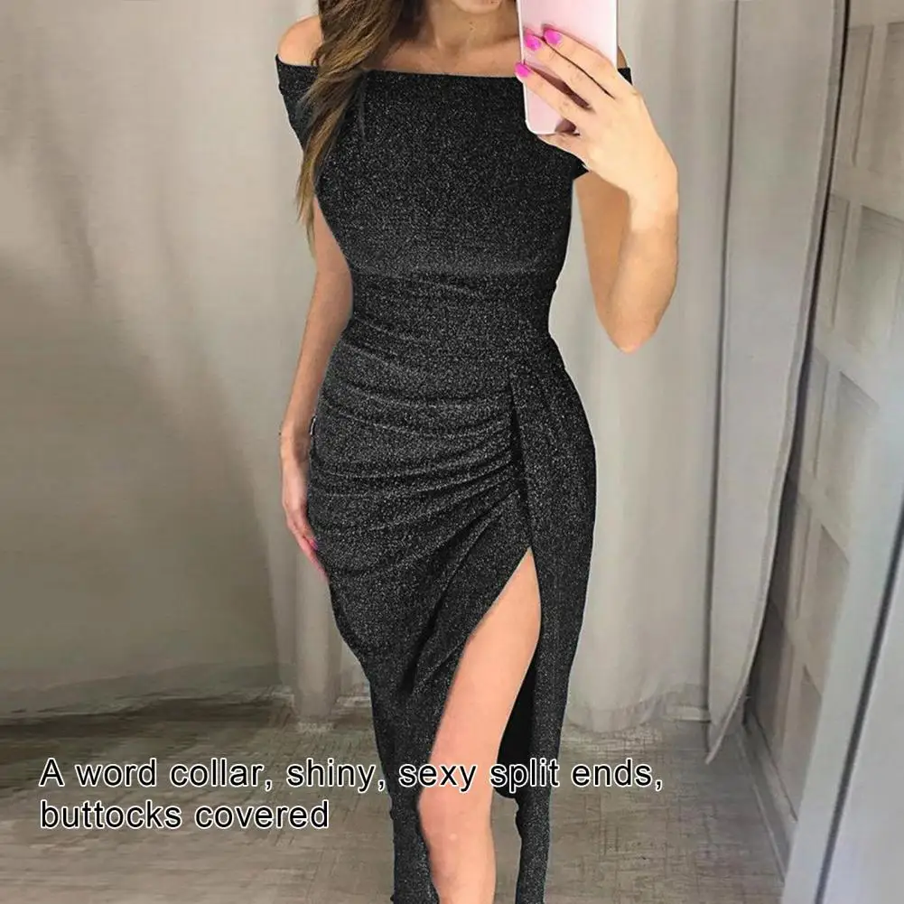 

Shiny Slash Neck Strapless Women Dress Sexy Off Shoulder High Split Dress Spring Autumn Evening Party Club Wrap Hip Dresses