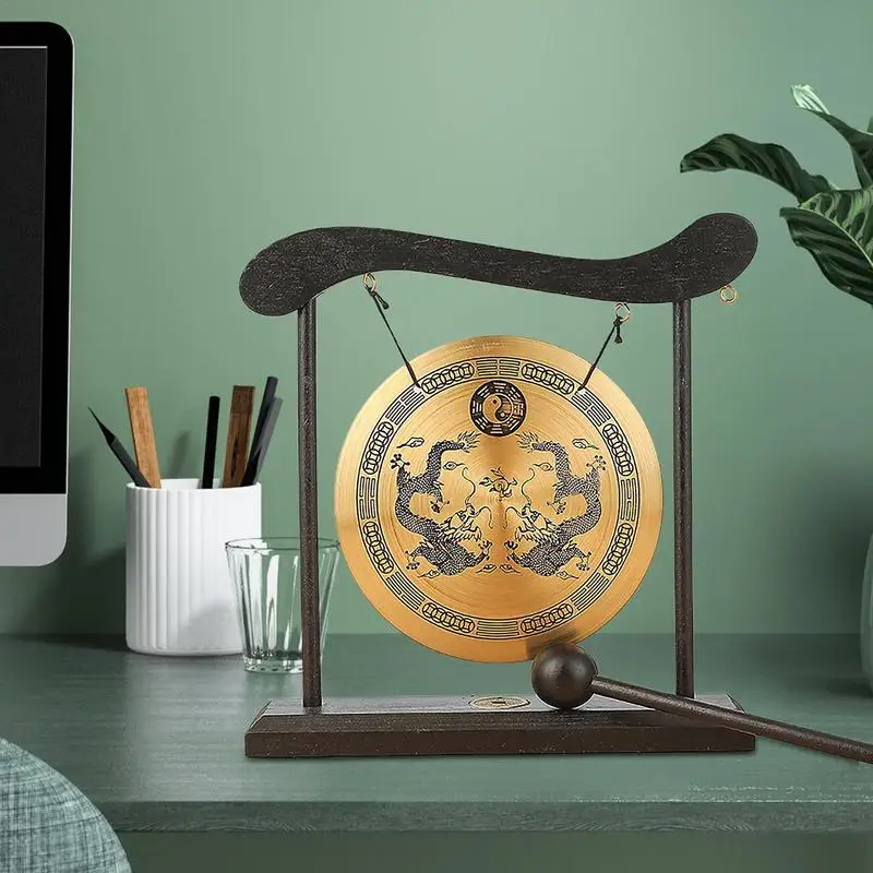 Zen Table Gong Desktop Feng Shui Zen Bell Art Gong With Stand And Mallet Dragon With Taiji Symbols Desktop Retro Chime Table