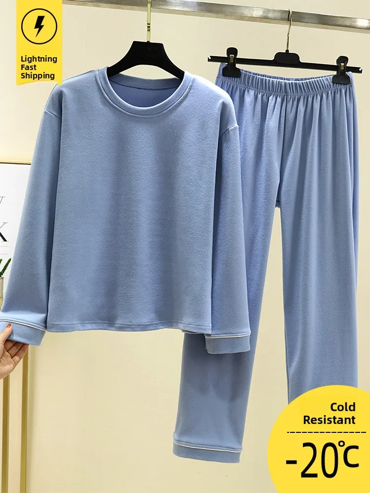 

Autumn Winter Fleece Lined Sleepwear Set Women Casual plus Size Warm Home Clothes Long Sleeve Top Wide Leg Pants Two Piece Set