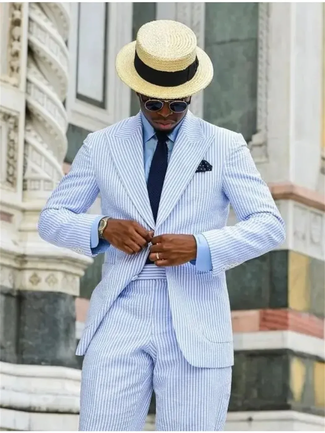 2 Pieces Casual Men Suits Seersucker Stripe Outfits Custom Wedding Groom Tuxedo Costume Homme Peaked Lapel Jacket+Pants