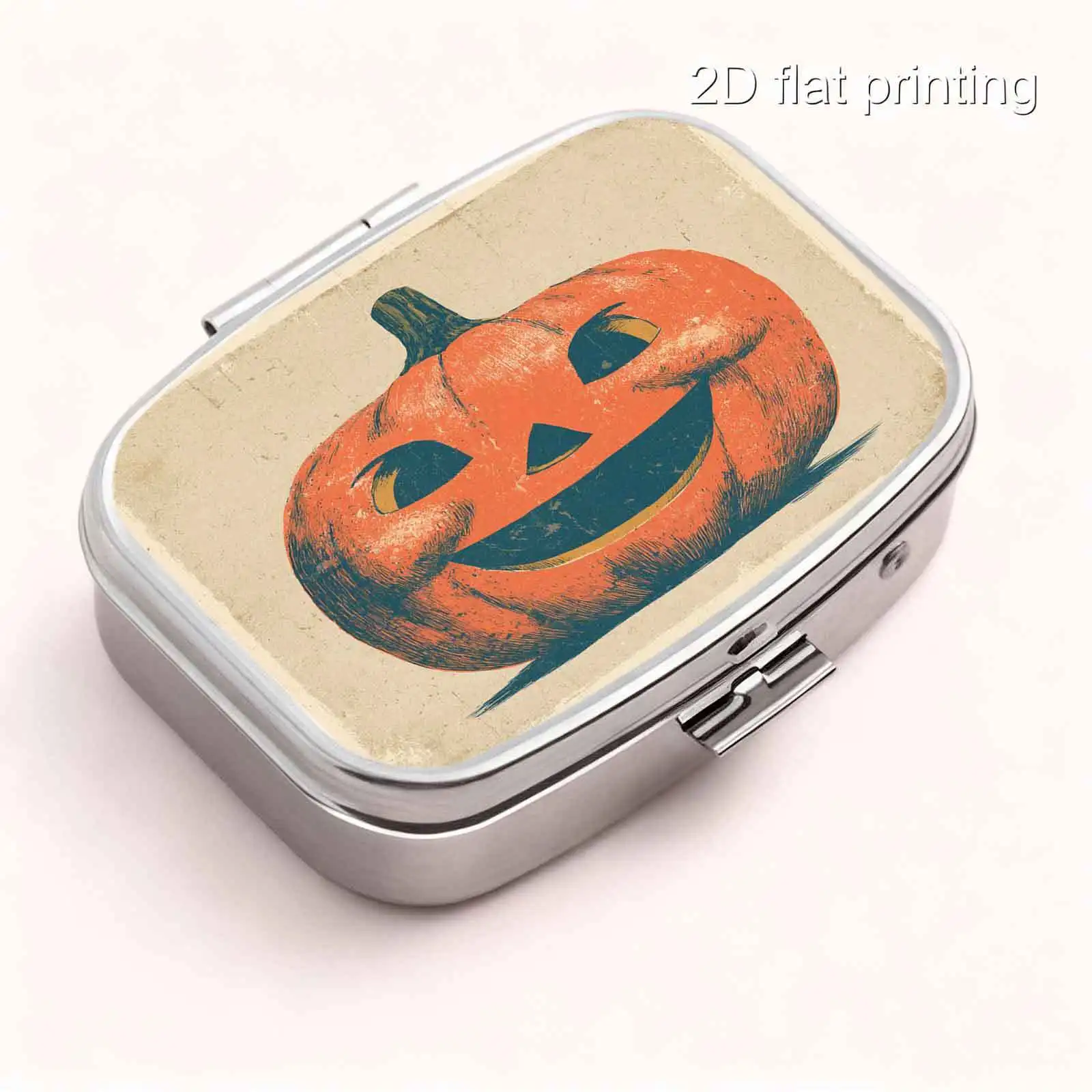 1Pc Flat Printing Pill Box, Portable Metal Material, Halloween Vintage Paper-Style Pumpkin Lantern Square Print, Vintage Warm-Toned Watercolor Square Design Capsule Box, Vitamin Compact Pill Organizer with Compartment Design, Practical Gift, Portable and Easy to Carry