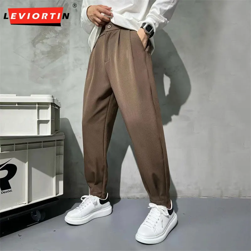 Calça de terno reto monocromático masculina com zíper de tornozelo, calça formal de escritório, sociedade empresarial, vestido masculino, moda