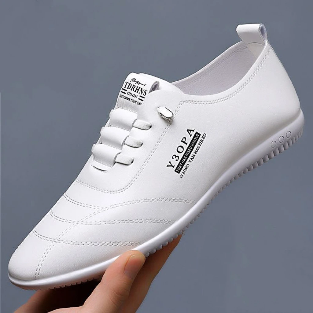 Waterproof Lightweight Casual Shoes Men's Leather Shoes Fashionable Youthful Slip-On round Toe PVC Outsole Plain Color