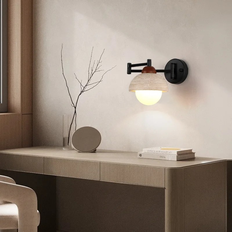 Nordic Design Rocker Arm Wall Lamp LED G9 Yellow Travertine Retractable Wall Mounted Bedroom Bedside Parlor Background Reading