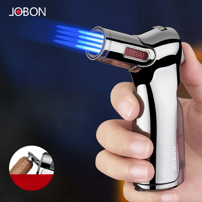 2026 JOBON Four Flame Cigar Lighter Bottom Cigar Rigger Design Security Latch Transparent Gas Window Strong Windproof Flame