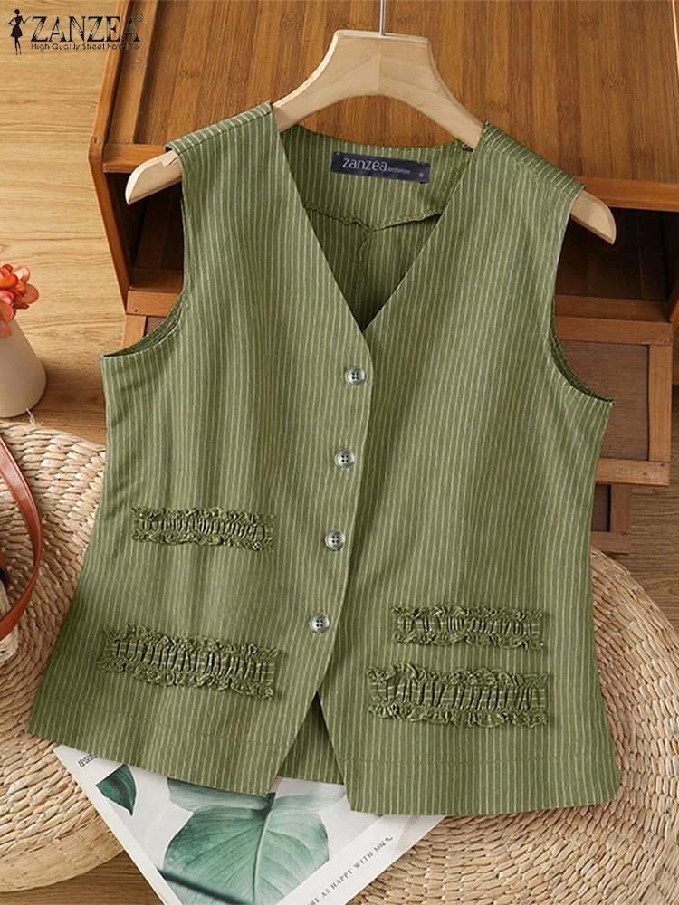 

2025 Summer Tank Tops Vintage Sleeveless Tees Casual Loose Striped Blusas Fashion V Neck Camis Women Cotton Vests ZANZEA
