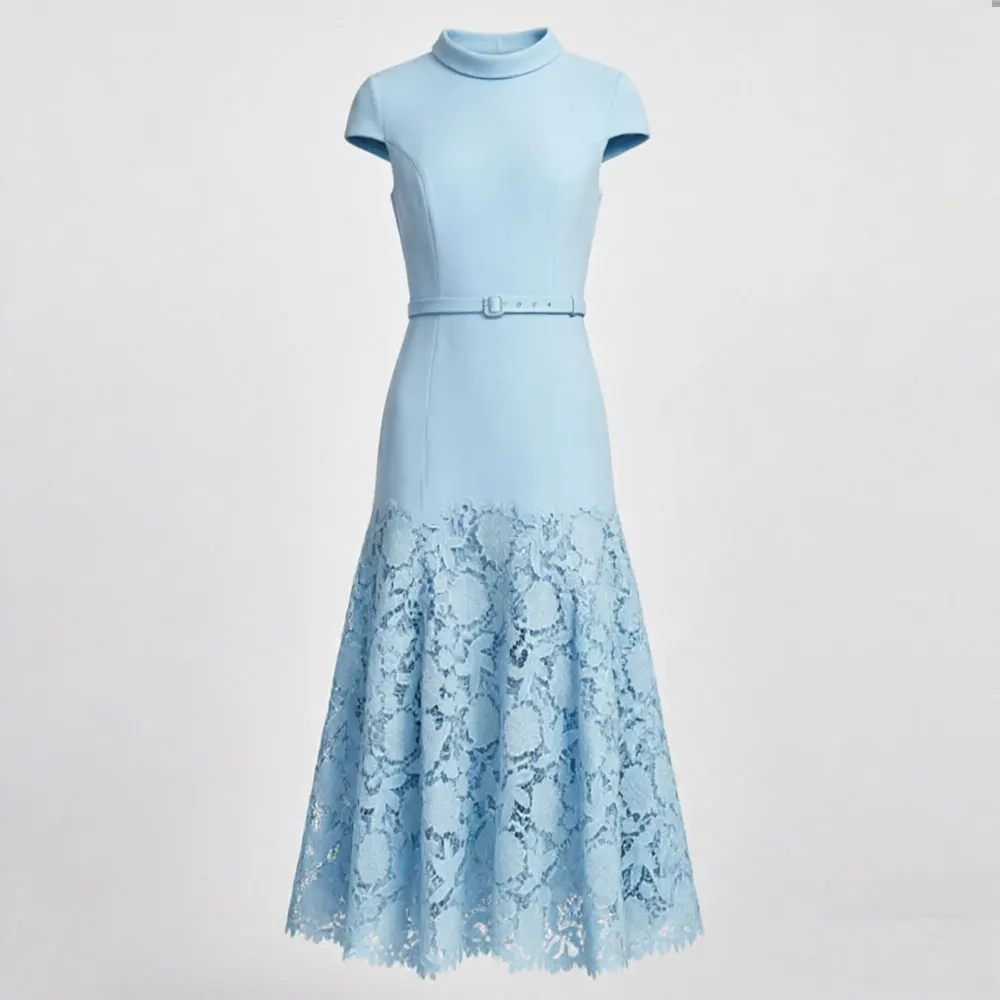 

Elegant Blue Lace Splicing Midi Dress Women Summer Short Sleeve High Neck A-Line Skirt with Belt Vintage Party Cocktail Dress