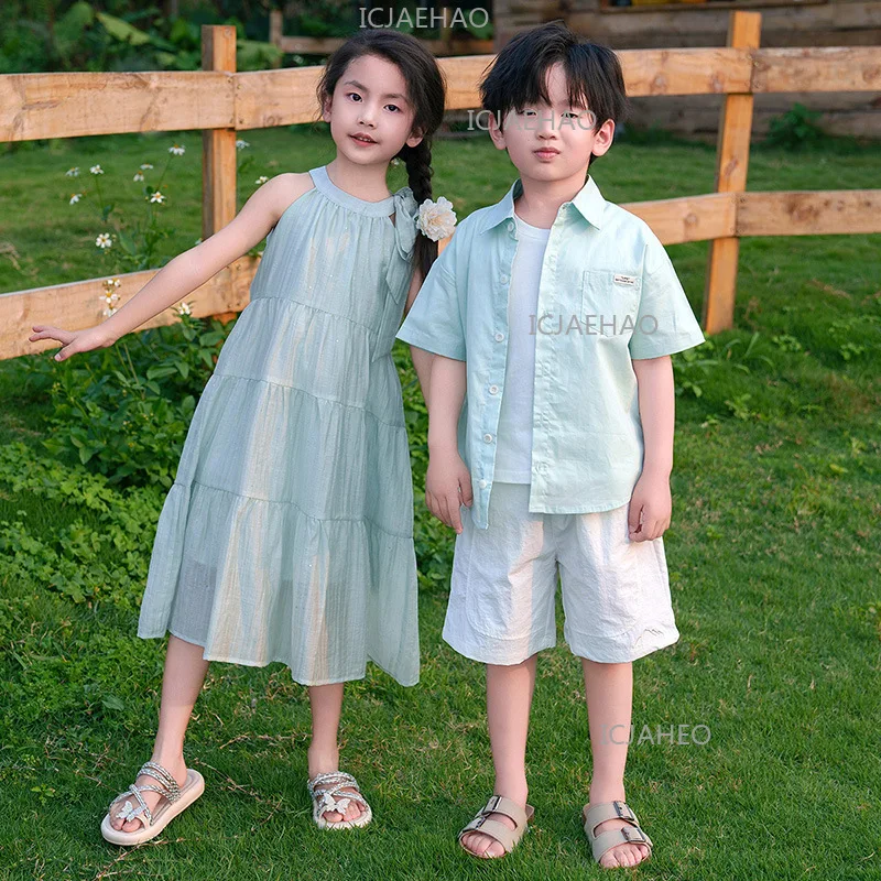 French Mint Green Sleeveless Vest Dress Family Matching Outfits Children Father Son T Shirt Set Beach Vacation Mother Daughter