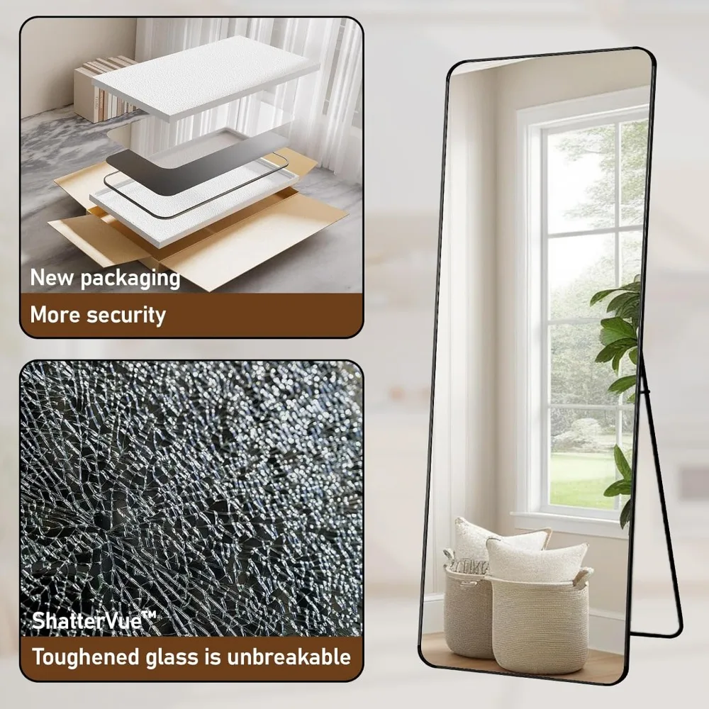 Full Length Black Floor Mirror 71x26, Rounded Corners, Standing or Leaning, Ideal for Home and Beauty Salons