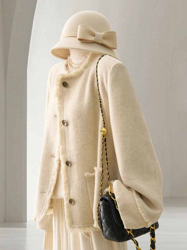 معطف صوف نسائي فضفاض مناسب مزدوج الوجه مع حافة خام وأكمام فانوس بيج بأزرار ملابس خارجية شتوية دافئة للأناقة غير الرسمية #3