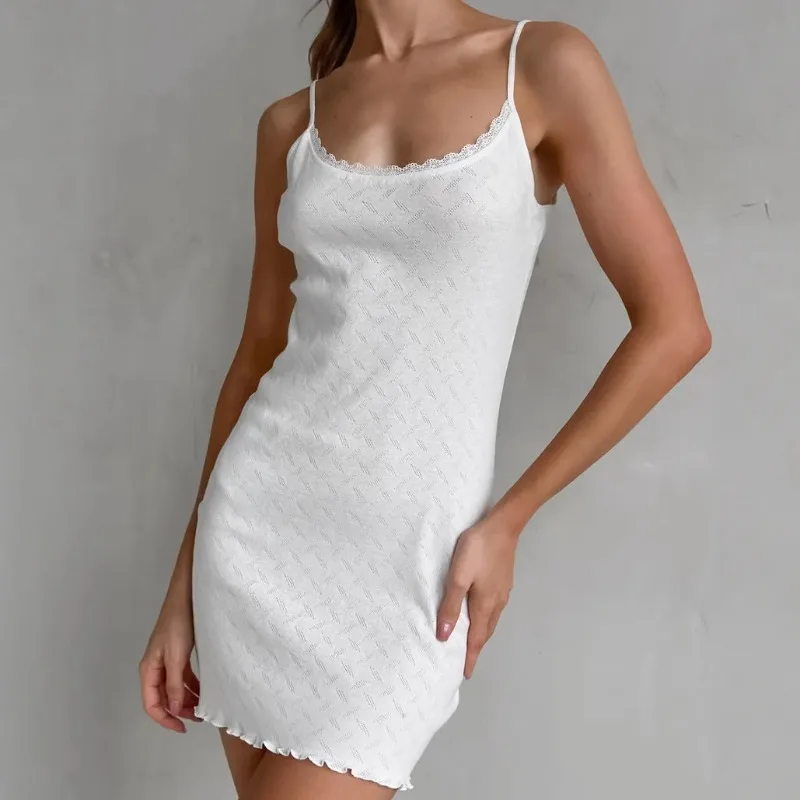 

2026 New European American Summer Women's Loungewear White 100% Pure Cotton Knitted Jacquard Lace Suspender Nightdress L Size