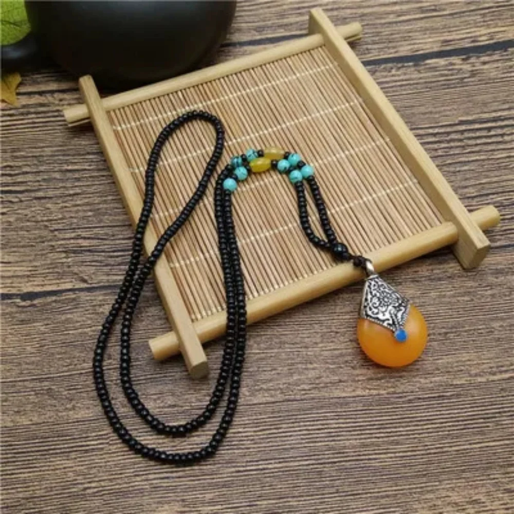 Fine ethnic style long beaded sweater chain imitation beeswax pendant Xingyue Bodhi jewelry necklace