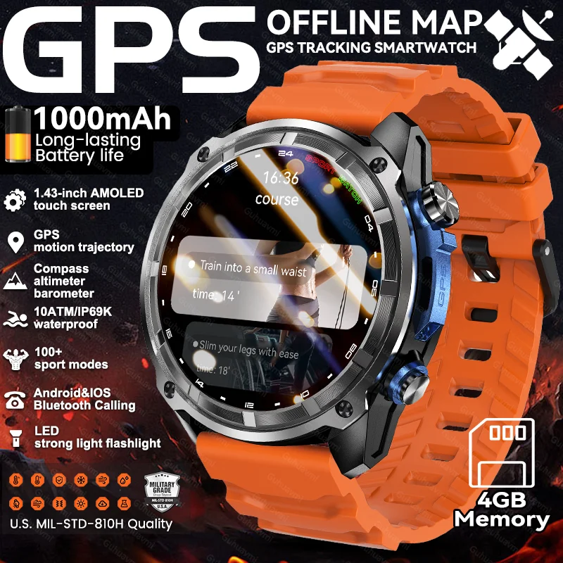 Jam Tangan Pintar Pria GPS Kelas Militer dengan Peta GPS Terintegrasi, Tahan Air 10ATM, Memori 4GB, Panggilan Bluetooth, Baterai 1000mAh, Jam Tangan Pintar Olahraga Dewasa