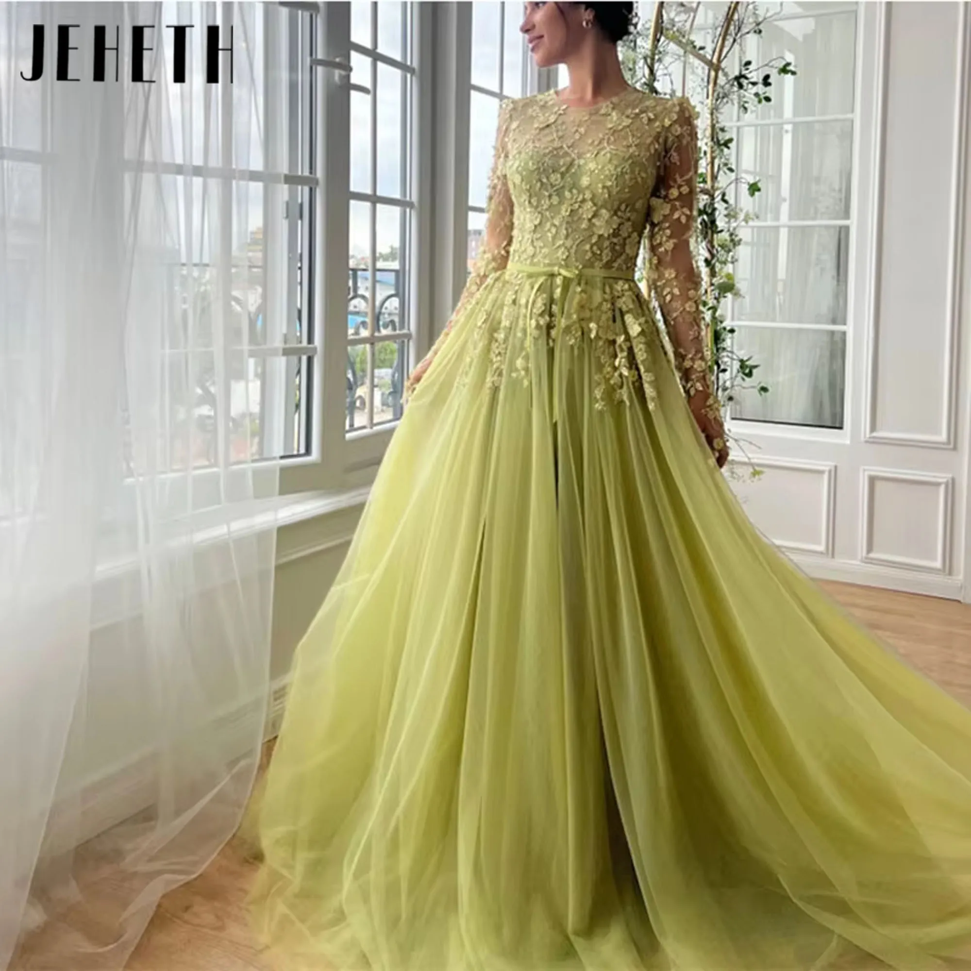 

JEHETH Sexy Flower Long Evening Dress Fancy Long Sleeves Tulle Women Birthday Party Dress Illusion O-Neck Prom Dress Customized