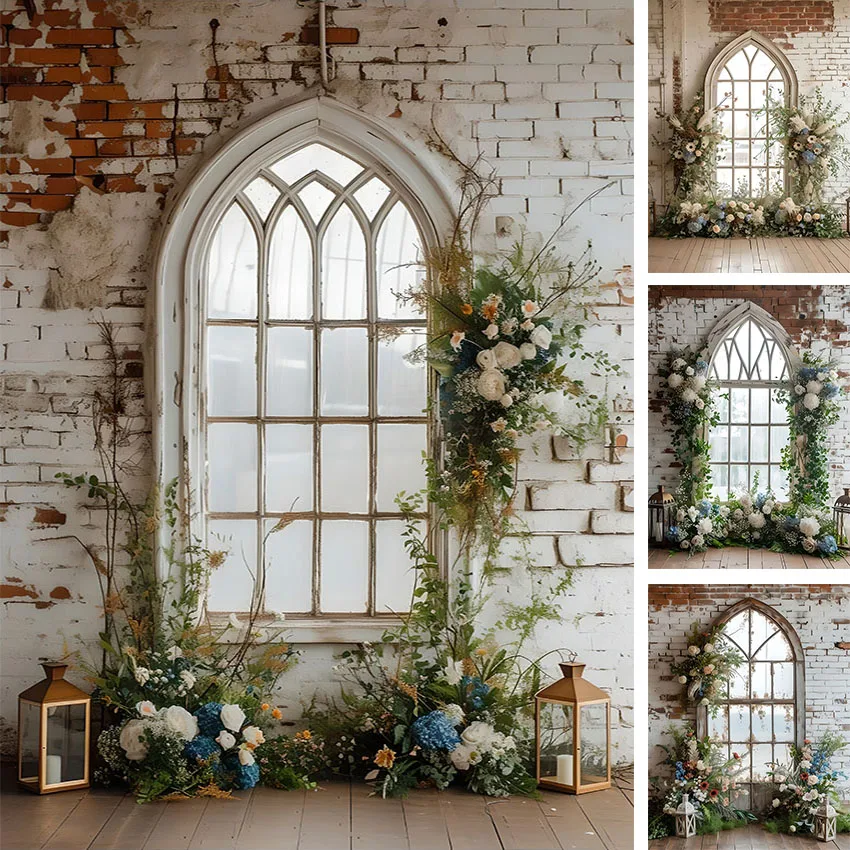 

Mehofond Photography Background Rustic Brick Wall Floral Window Birthday Wedding Maternity Portrait Decor Backdrop Photo Studio