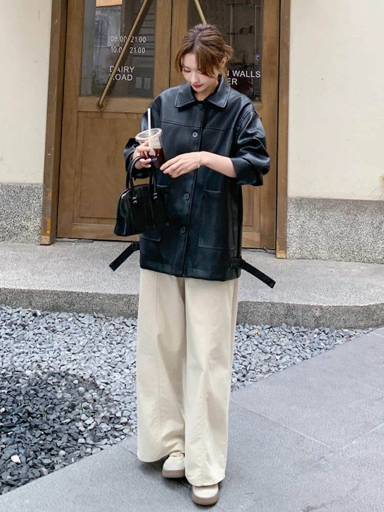 Bla Retro Eco-Leather Jaet Women's Cool Casual Sle 2025 Autumn New High-End Loose Fit PU Leather Jaet