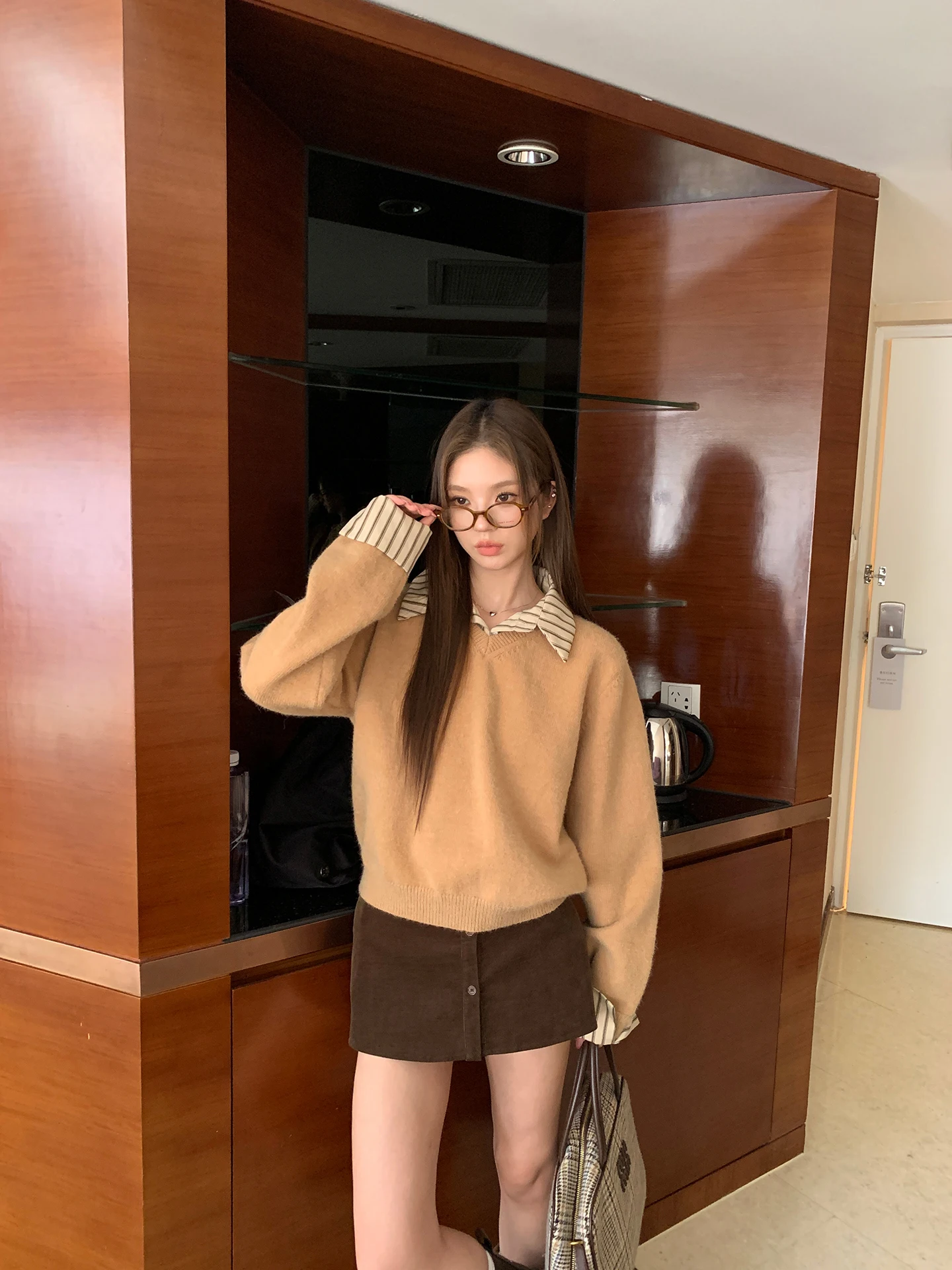 Suéter F de Manga Longa para o Inverno, Estilo Casual, Cseta de Malha com Efeito de Duas Peças, Moda para o Dia a D...