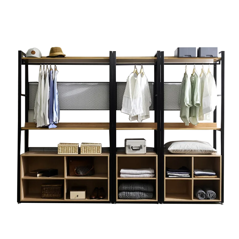 

Nordic solid wood metal cloakroom rack clothing cabinet floor rack open assembly hanger hanger loft