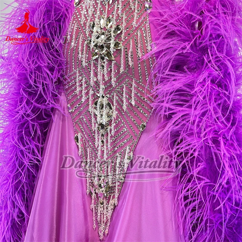 الكبار الفالس الرقص الاجتماعي الأرجواني ريشة النعام طويلة الأكمام AB الأحجار الكبيرة سوينغ فساتين فاخرة مخصصة حيوية الراقصة