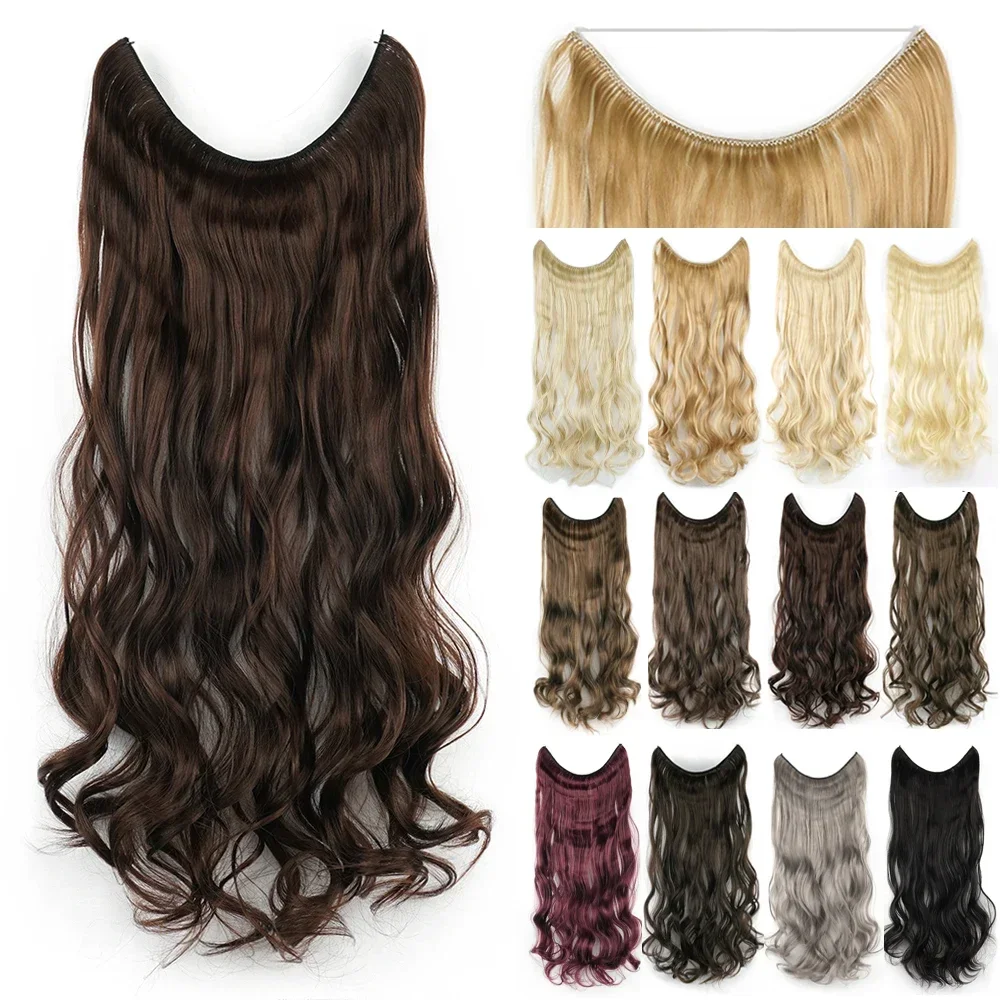 

Long Brown Synthetic Hair Hairpieces Fish Line Fusion Invisible Curly Hair Extensions Cabello Perruque Femme