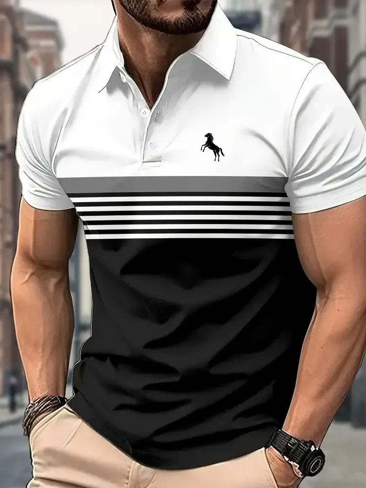 Men's Casual Short Sleeve Polo Shirt with 3D Horse Print Striped Color Block Design Sporty Style Collared Golf Shirt for Summer image 2