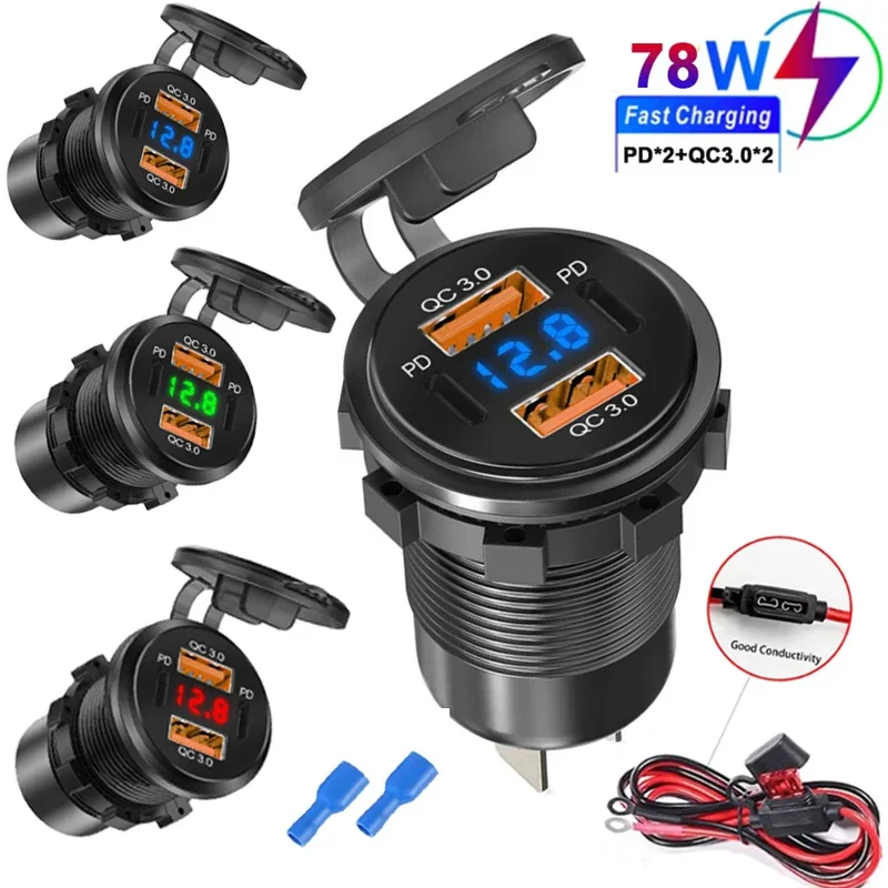 

NEW 12-24V 96W Car Charger Power Outlet Socket Dual QC3.0 USB & Dual PD3.0 Fast Charging Outlet with LED Voltmeter Adapter