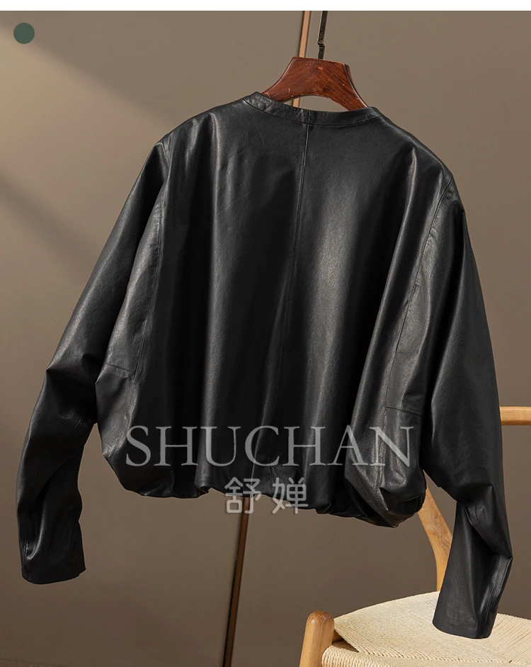 Crew Neck Sheepskin Leather Jacket Short Women Loose Casacos De Inverno Feminino 2024 New Real Leather Jacket Women